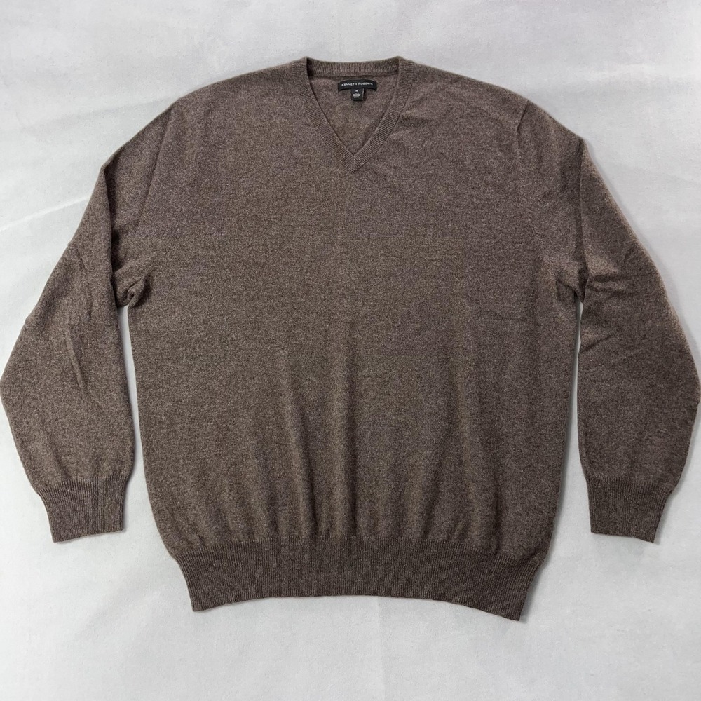 Kenneth Roberts Cashmere Sweater Mens XL Brown V Neck‎ Pullover Soft Knit